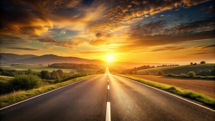 Naklejka premium Asphalt Road Leading to a Vibrant Sunset Over Rolling Hills and Lush Green Fields