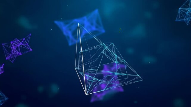 Glowing Plexus Triangle Network Animation. High-resolution 4K still frame. A central, glowing wireframe triangle/pyramid shape is prominent against a deep blue background.