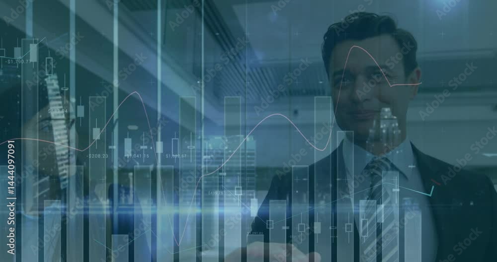 Poster business colleagues interacting with financial candlestick and bar charts with numeric data overlay