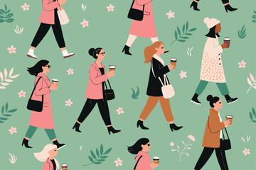 Stylish women, diverse group, holding coffee cups, seaside setting, repeating pattern, fashionable attire, ocean background.