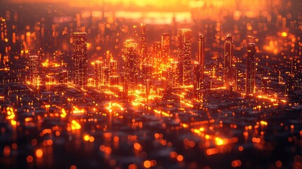 Fototapeta premium Fiery Metropolis: A futuristic city glowing with incandescent energy at night.