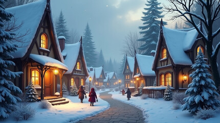 Illustration of small winter village covered in snow, calm and magical vibe, perfect for wallpaper, background or postcard design