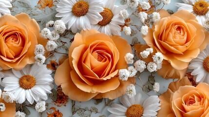 Floral Arrangement with Peach Roses, Daisies, and Baby's Breath for Background