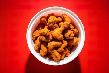 Fototapeta premium Bucket of Crispy Fried Chicken Wings on Red Background | Delicious Fast Food Takeout | Top-Down View of Golden Brown Chicken Pieces