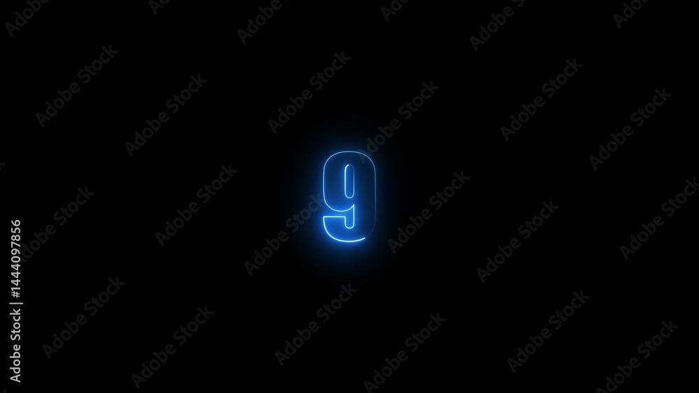 Poster abstract glowing blue neon text 9 number countdown timer illustration background 4k resolution.