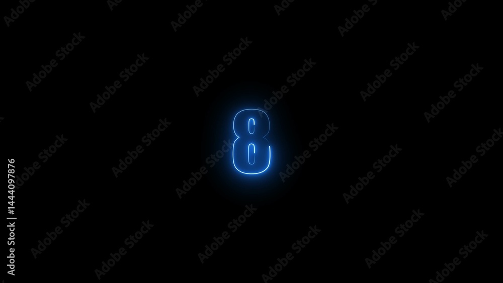Poster abstract glowing blue neon text 8 number countdown timer illustration background 4k resolution.