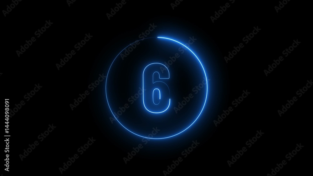Aufkleber abstract glowing blue neon text 6 number countdown timer illustration background 4k resolution.