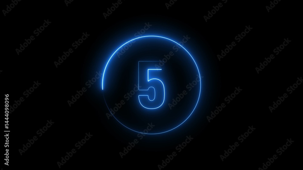 Poster abstract glowing blue neon text 5 number countdown timer illustration background 4k resolution.