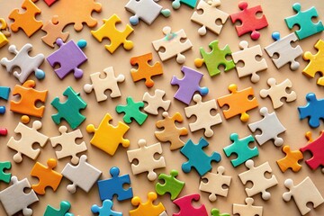 Colorful Jigsaw Puzzle Pieces Scattered on a Neutral Background A Colorful Arrangement of Interlocking Puzzle Pieces
