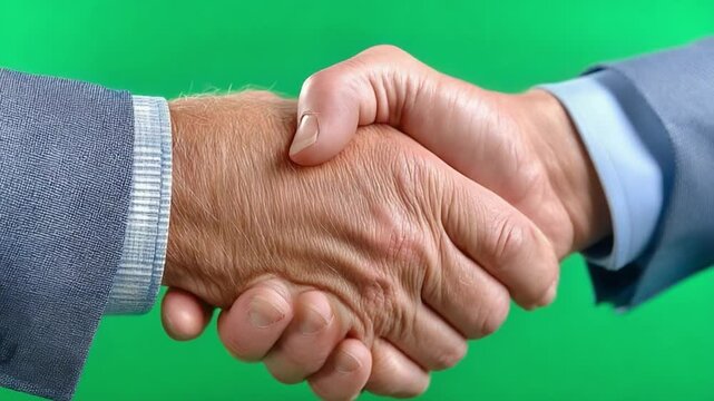 Handshake Deal: Two business professionals make a deal, sealing an agreement with a firm handshake against a vivid green background. A visual representation of cooperation, respect.