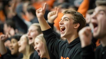Close-up of a young male sports fan cheering passionately with raised finger in a crowded stadium, surrounded by energetic supporters wearing team colors