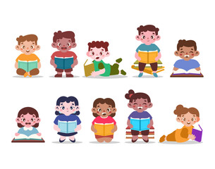 Kids reading a book flat character vector illustration set