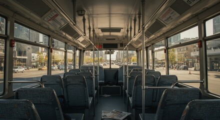 City Bus Commute: Daytime Travel Through Urban Streets - Empty city bus seats, sunlight streaming through windows, urban cityscape visible outside, conveying themes of daily commute