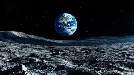 Stunning earthrise view from the moon surface amazing space scene sky awe dark blue gray epic stars