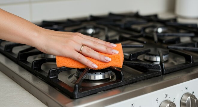 Cleaning Kitchen Gas Stovetop with Sponge - Close-up of hand cleaning a gas stovetop with an orange sponge. Cleanliness, home maintenance, kitchen hygiene, domestic chores