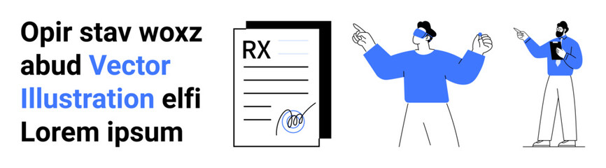 Medical prescription with signature, professionals in discussion, abstract style visuals. Ideal for healthcare, telemedicine, e-learning, reports, presentations, startups simple landing page