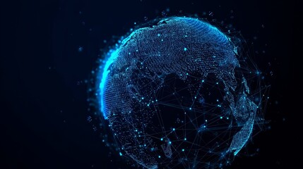 Abstract blue Earth with network dots and lines on dark background, global internet technology concept, high-resolution vector digital illustration for advertising and design

