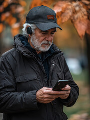 Senior man wearing wireless earbuds while using smartphone in autumn park