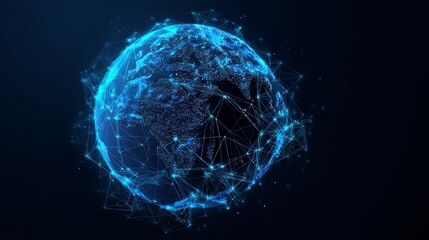 Abstract blue Earth with network dots and lines on dark background, global internet technology concept, high-resolution vector digital illustration for advertising and design

