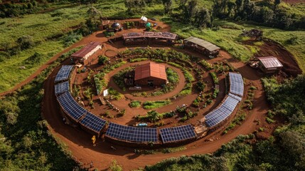 Circular sustainable community with solar panels and structures.