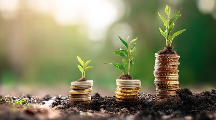 Three stacks of growing golden coins with green plants on top, symbolizing financial planning, investment growth, and wealth development on blurred natural background