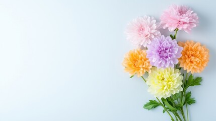 Dahlia Flowers Pastel Bouquet, Soft Lighting, High Resolution, Horizontal Close-up, Delicate Petals, Spring Arrangement, Light Blue Background, Pastel Tones, Ideal for Spring Greetings.