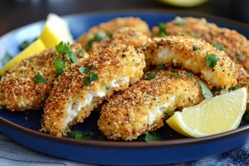 Crispy breaded fish fillets garnished with herbs and lemon slices on a blue plate