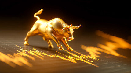 Fototapeta premium Golden Bull Charging Upwards on Glowing 3D Stock Chart Representing Market Optimism and Growth