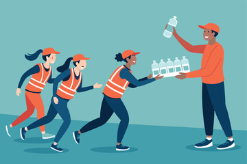 Volunteers assisting runners during a bustling marathon, handing out water, supplies, and offering encouragement.  Show diverse volunteers actively engaged.