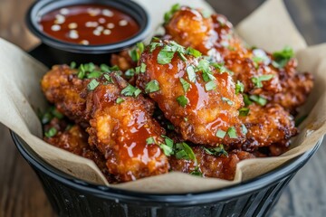 Fototapeta premium Crispy chicken wings glazed in spicy sauce, garnished with herbs, served in a bowl