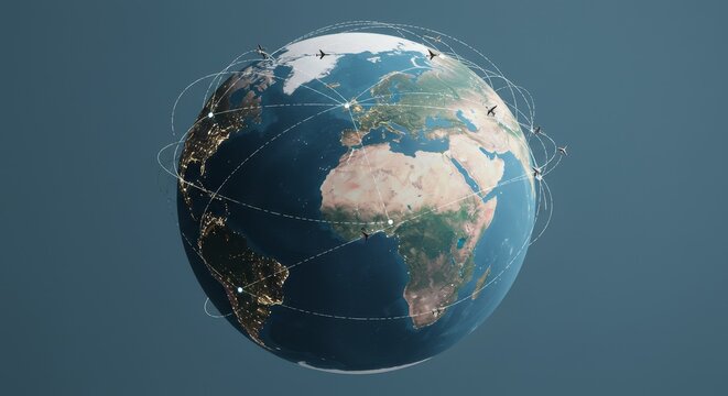 Global Flight Paths: International Trade and Logistics - Air travel network, worldwide connectivity, global logistics, international trade routes, transportation infrastructure