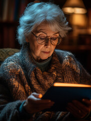 Cozy senior woman using tablet in warm living room, enjoying her time with technology