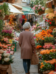 Senior woman walking through charming flower market filled with vibrant blooms and greenery