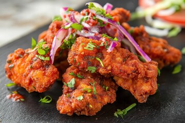 Fototapeta premium Crispy fried chicken garnished with fresh herbs and onions on a rustic black plate