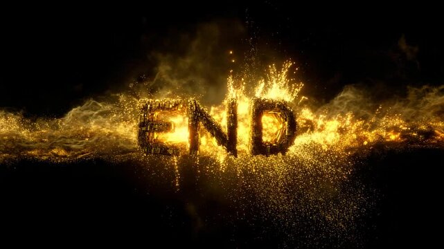 Fiery gold and black background with the word END in burning embers and sparks. Intense, dramatic visual effect.