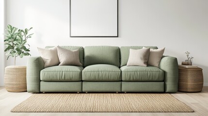 A serene minimalist living room featu a sage green sofa adorned with off-white pillows, light rug, blank framed artwork, and decorative potted plants