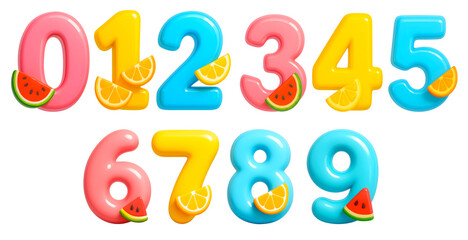 Fototapeta premium Juicy 3D numbers 0–9 in fruity pink, yellow, and blue tones with watermelon and lemon slice accents on transparent background. 