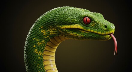 Fototapeta premium Green Snake Portrait - Close-up of a vibrant green snake with red eyes, its tongue extended. Detailed scales and textures are visible