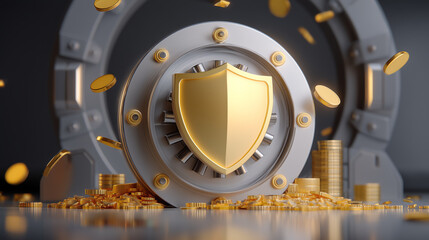 Secure Pension Savings Concept with 3D Golden Shield, Coins, and Bank Vault in Futuristic Security Theme