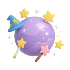 Purple fantasy planet with stars, sparkles, magic wands, and a wizard hat orbiting in cute 3D cartoon style.
