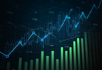 Illustration of stock market graph with blue lines and green bar chart on a dark background, financial data concept