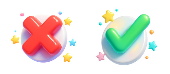 Obraz premium 3D check and cross icon pair in vibrant green and red with colorful stars on white round base for UI design 