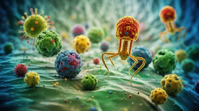Microscopic view of viruses and bacteriophages