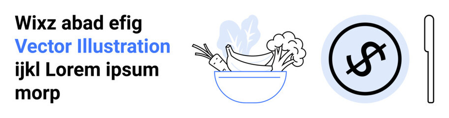 Bowl of vegetables, coin with dollar sign, and cutlery. Ideal for nutrition, healthy eating, affordability, finance, dietary plans, wellness simple landing page