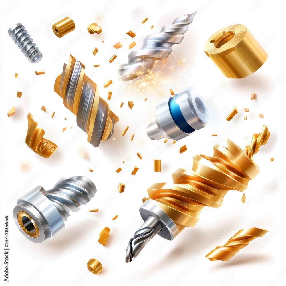 Poster industrial drill bits and fasteners workshop graphic design dynamic environment close-up view precis