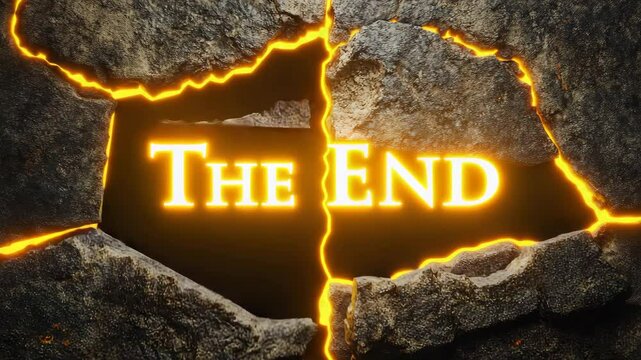 Glowing orange crack in dark gray stone wall reveals the words "The End" in gold lettering. Dramatic, intense, finality.