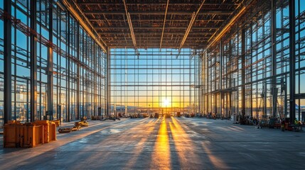 Empty, modern, airport terminal under construction at sunrise