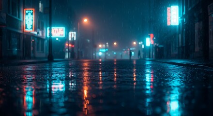 A rainy evening in a city with glowing reflections on the pavement.