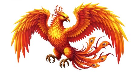 Obraz premium Majestic Phoenix Bird - A vibrant illustration of a phoenix, a mythical bird, with fiery orange and yellow plumage, wings outstretched, and a majestic tail