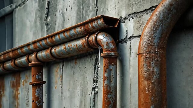 Rusted industrial pipes on cracked concrete wall in abandoned factory scene - Powered by Adobe